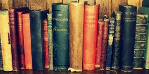 shelf of antique books